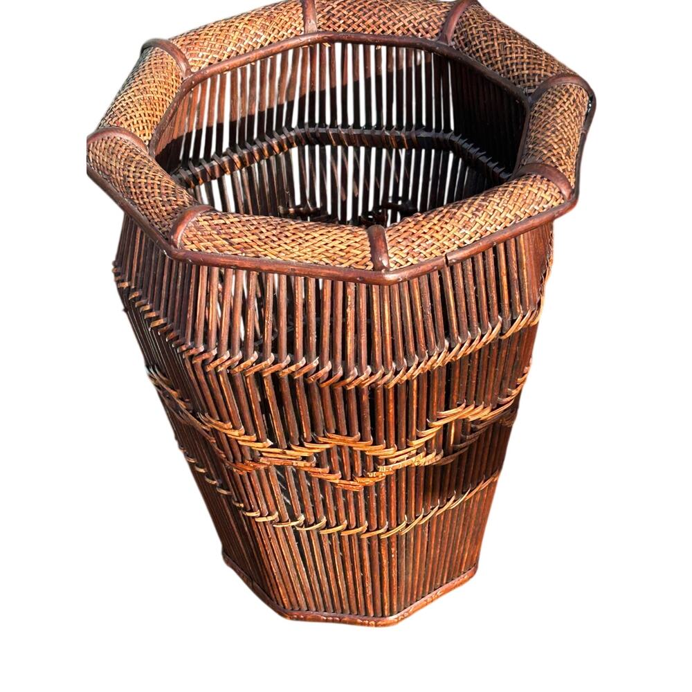 Vintage MCM Bamboo Rattan Umbrella Stand Boho Wicker Floor Basket Vase Planter